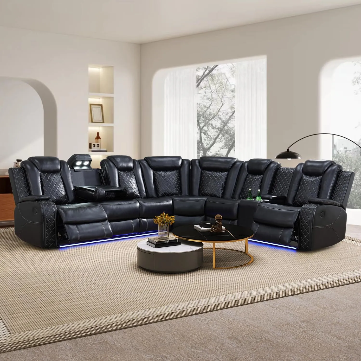 Power Reclining Sectional Sofa, Living Room Furniture Set with USB Chargers and Storage Console, Leather Recliner Sofa for Living Room/Apartment/Office/Home Theather (Black)