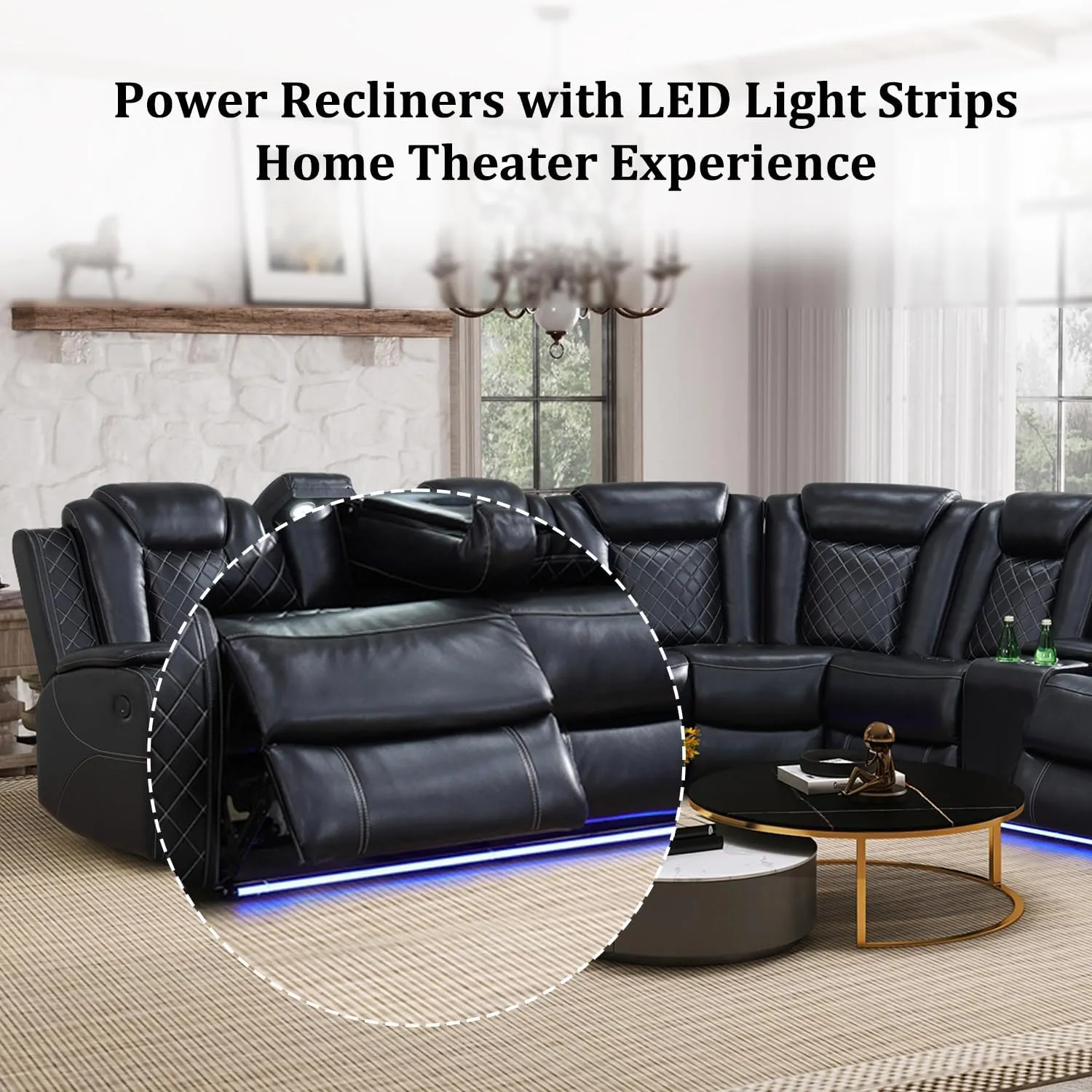 Power Reclining Sectional Sofa, Living Room Furniture Set with USB Chargers and Storage Console, Leather Recliner Sofa for Living Room/Apartment/Office/Home Theather (Black)