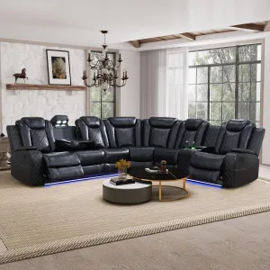 Power Reclining Sectional Sofa, Living Room Furniture Set with USB Chargers and Storage Console, Leather Recliner Sofa for Living Room/Apartment/Office/Home Theather (Black)