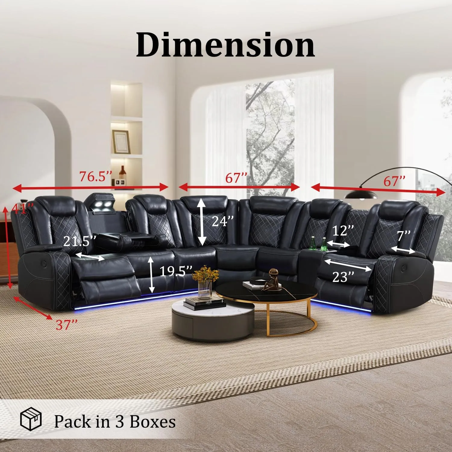 Power Reclining Sectional Sofa, Living Room Furniture Set with USB Chargers and Storage Console, Leather Recliner Sofa for Living Room/Apartment/Office/Home Theather (Black)