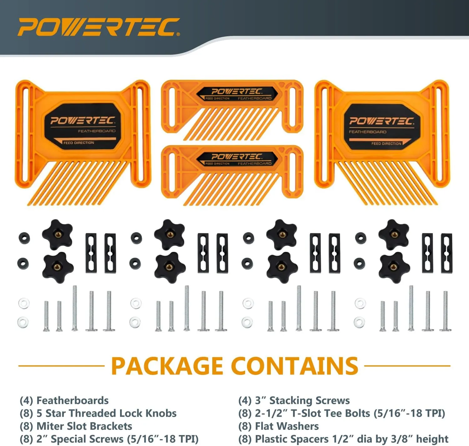 POWERTEC Tandem Feather Boards for Table Saw, Router Table & Bandsaw - 4PCs Combo Set, Fits T-Track & Miter Slot - Woodworking Tools & Accessories to Reduce Kickback & Increase Safety (72027)