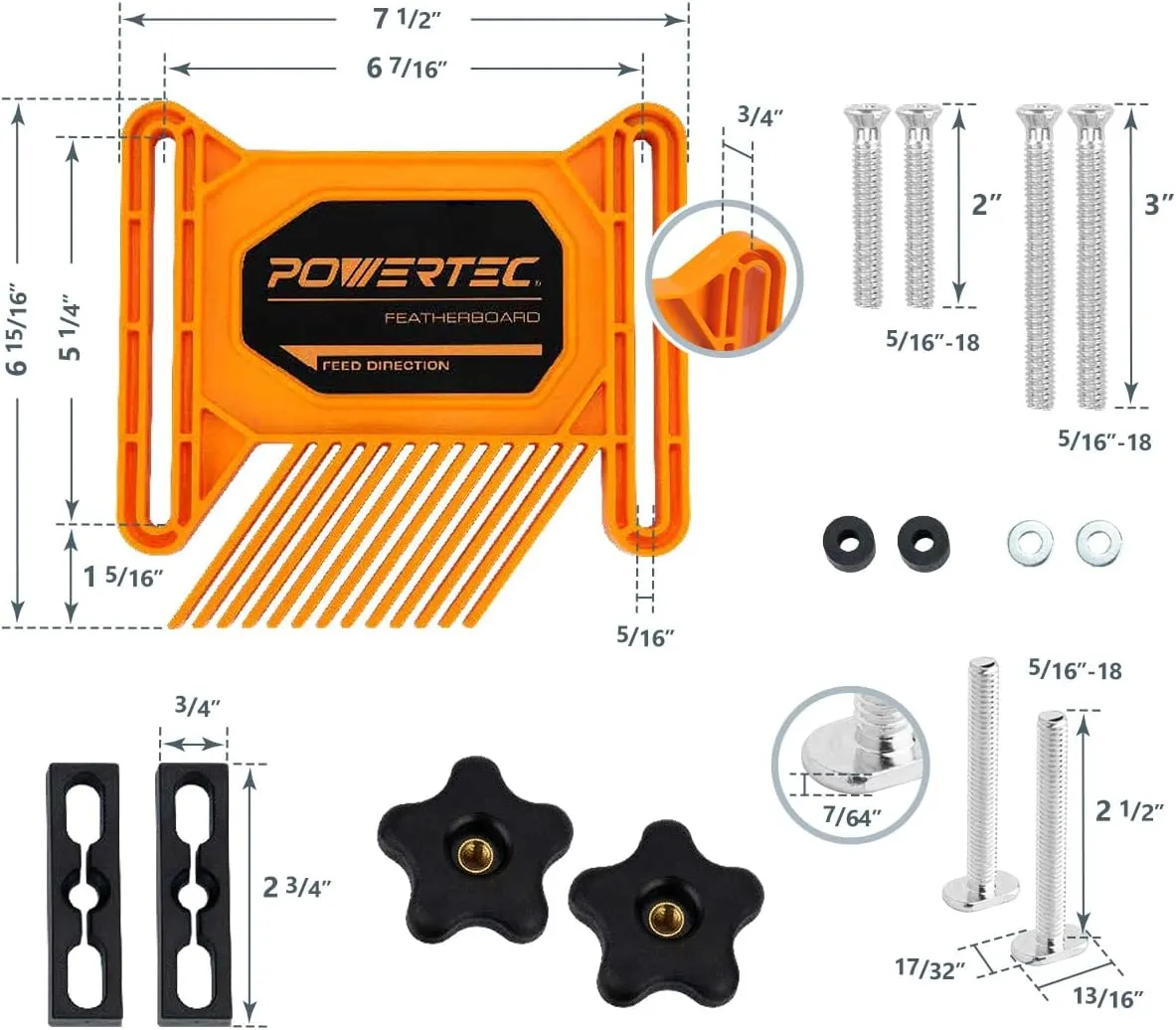 POWERTEC Universal Tandem Featherboards for Table Saw, Router Table, Router Fence & Band Saw, Wood working Tools & Accessories To Reduce Kickback & Increase Safety (Included T Track Bolts), 2Pk(71393)