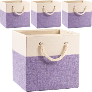 PRANDOM Large Foldable Cube Storage Bins 13x13 inch [4-Pack] Fabric Linen Storage Baskets Cubes Drawer with Cotton Handles Organizer for Shelves Nursery Closet Bedroom Purple
