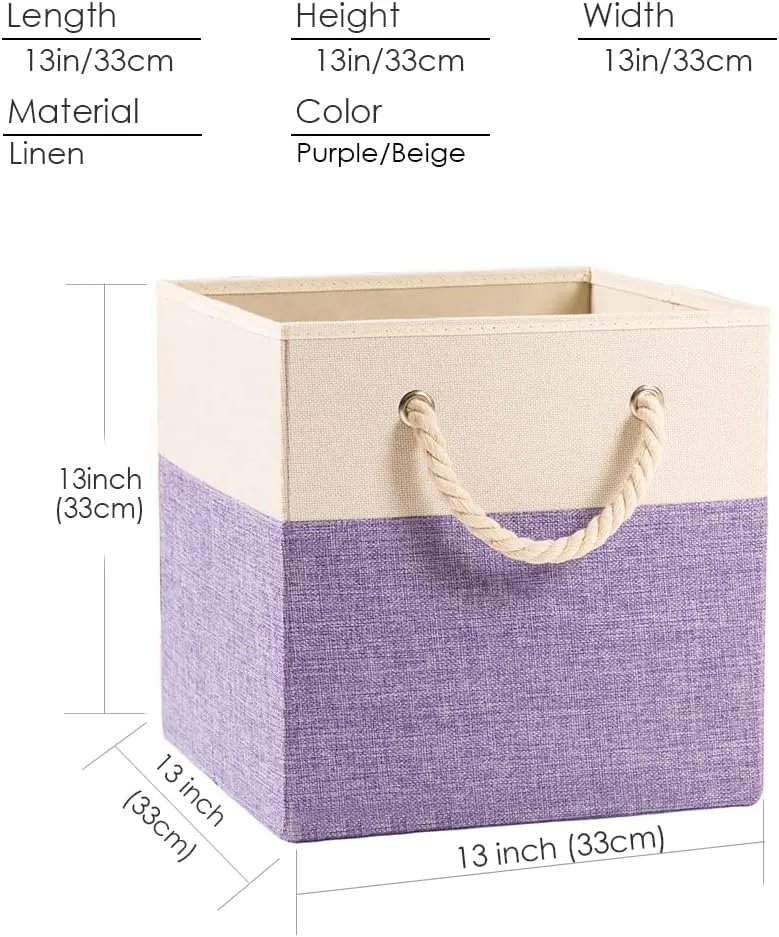 PRANDOM Large Foldable Cube Storage Bins 13x13 inch [4-Pack] Fabric Linen Storage Baskets Cubes Drawer with Cotton Handles Organizer for Shelves Nursery Closet Bedroom Purple