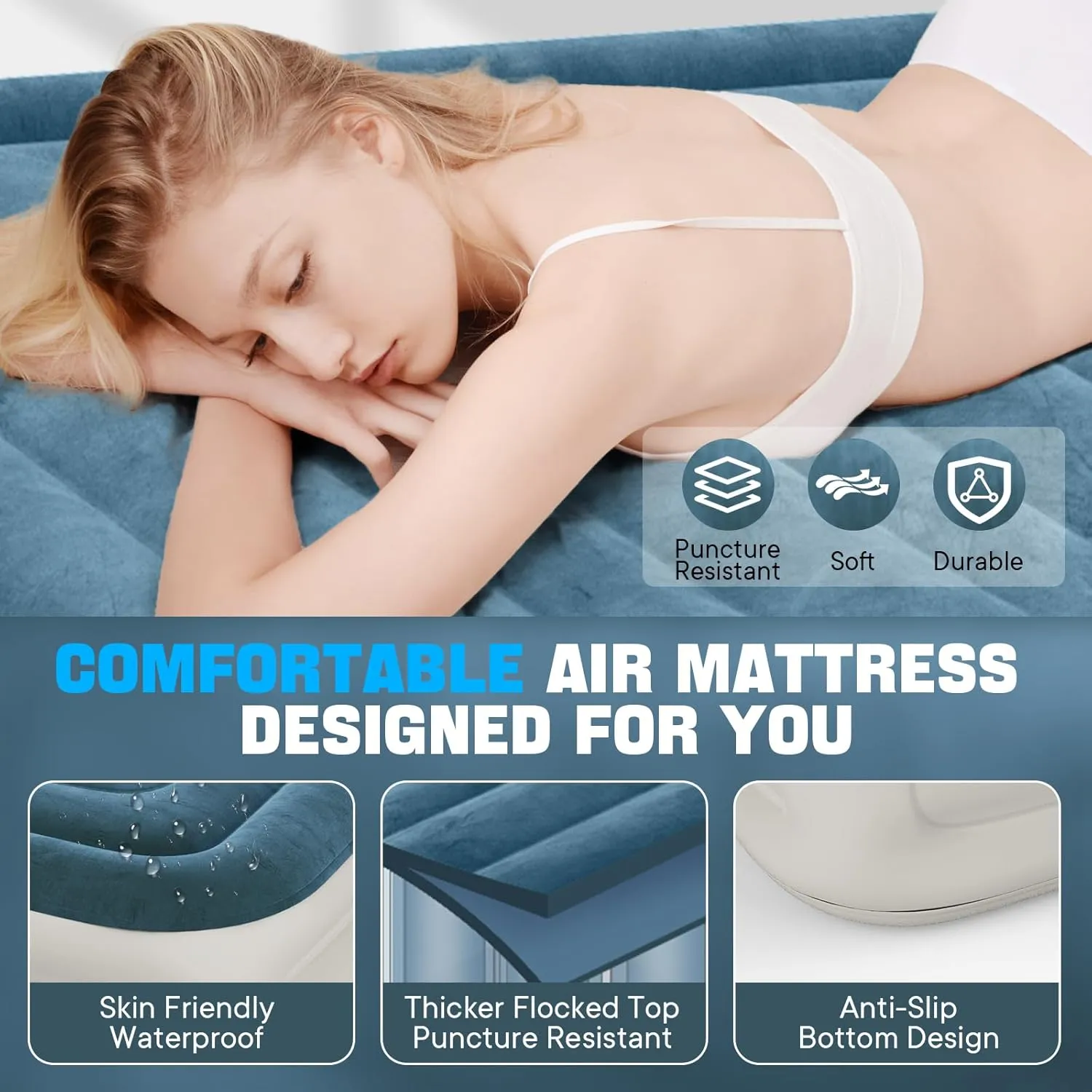 Queen Air Mattress with Built-in Pump,18''Fast & Easy Inflation/Deflation Inflatable Mattress, Foldable Blow Up Mattress with Storage Bag, Inflatable Bed for Home, Camping & Guests