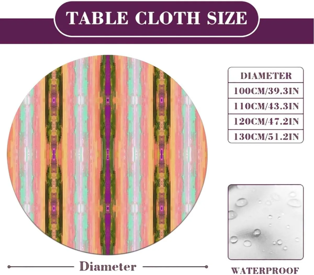 Rainbow Color Round Tablecloth with Elastic Edge Multicolored Expressionist Work Soft-Touch Fitted Table Cloth, Waterproof Oil-Proof Table Cover Fit for 36"-39" Diameter Table Abstract