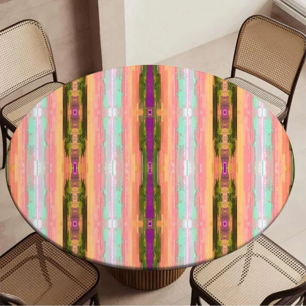 Rainbow Color Round Tablecloth with Elastic Edge Multicolored Expressionist Work Soft-Touch Fitted Table Cloth, Waterproof Oil-Proof Table Cover Fit for 36"-39" Diameter Table Abstract