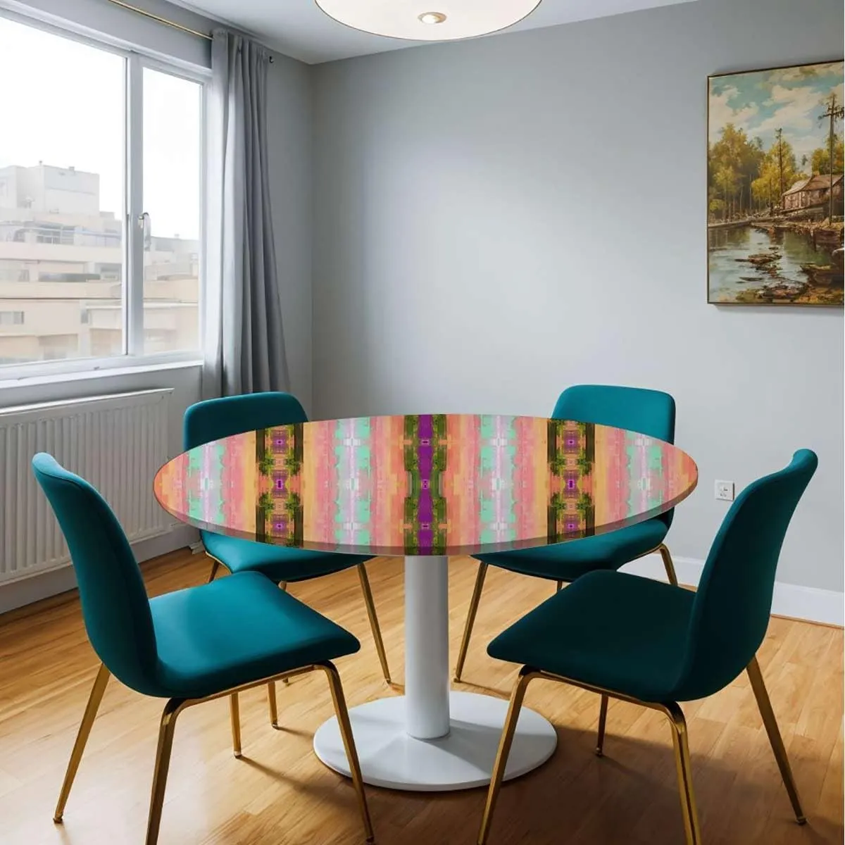 Rainbow Color Round Tablecloth with Elastic Edge Multicolored Expressionist Work Soft-Touch Fitted Table Cloth, Waterproof Oil-Proof Table Cover Fit for 36"-39" Diameter Table Abstract