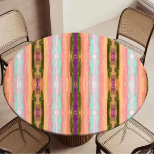 Rainbow Color Round Tablecloth with Elastic Edge Multicolored Expressionist Work Soft-Touch Fitted Table Cloth, Waterproof Oil-Proof Table Cover Fit for 36"-39" Diameter Table Abstract