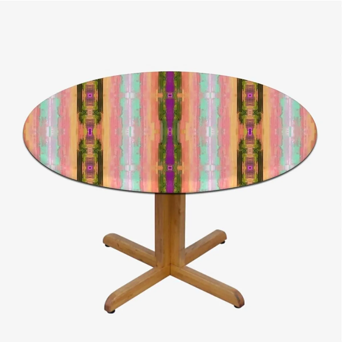 Rainbow Color Round Tablecloth with Elastic Edge Multicolored Expressionist Work Soft-Touch Fitted Table Cloth, Waterproof Oil-Proof Table Cover Fit for 36"-39" Diameter Table Abstract