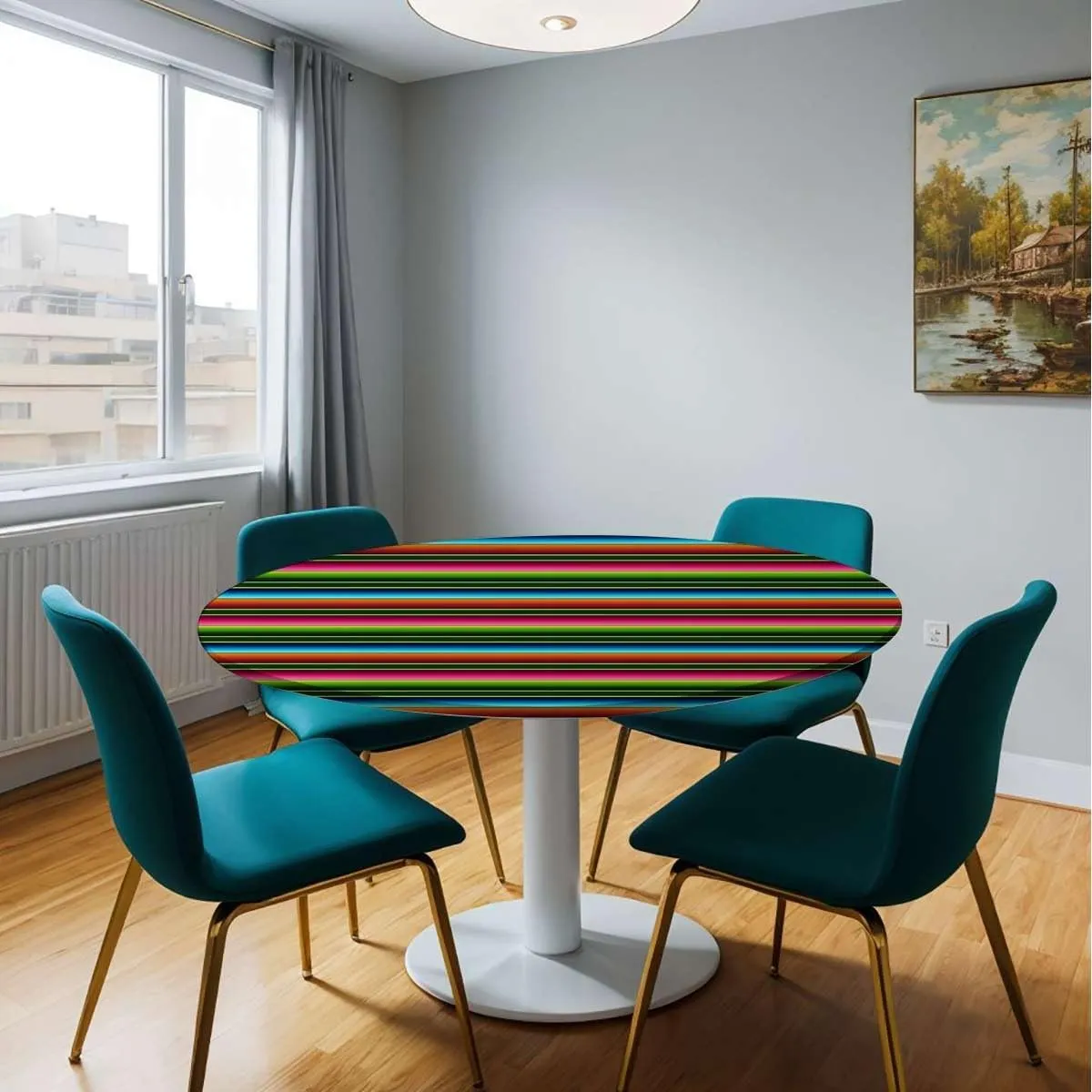 Rainbow Multicolor Round Tablecloth with Elastic Edge Horizontal Colored Stripes Soft-Touch Fitted Table Cloth, Waterproof Oil-Proof Table Cover Fit for 44"-47" Diameter Table Medieval