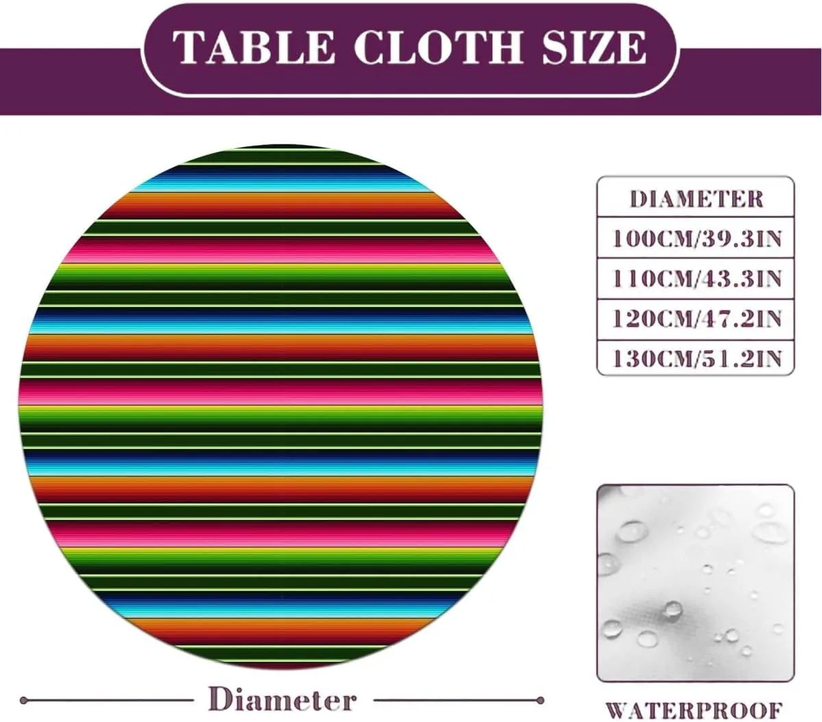 Rainbow Multicolor Round Tablecloth with Elastic Edge Horizontal Colored Stripes Soft-Touch Fitted Table Cloth, Waterproof Oil-Proof Table Cover Fit for 44"-47" Diameter Table Medieval
