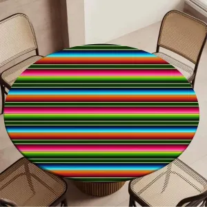 Rainbow Multicolor Round Tablecloth with Elastic Edge Horizontal Colored Stripes Soft-Touch Fitted Table Cloth, Waterproof Oil-Proof Table Cover Fit for 44"-47" Diameter Table Medieval