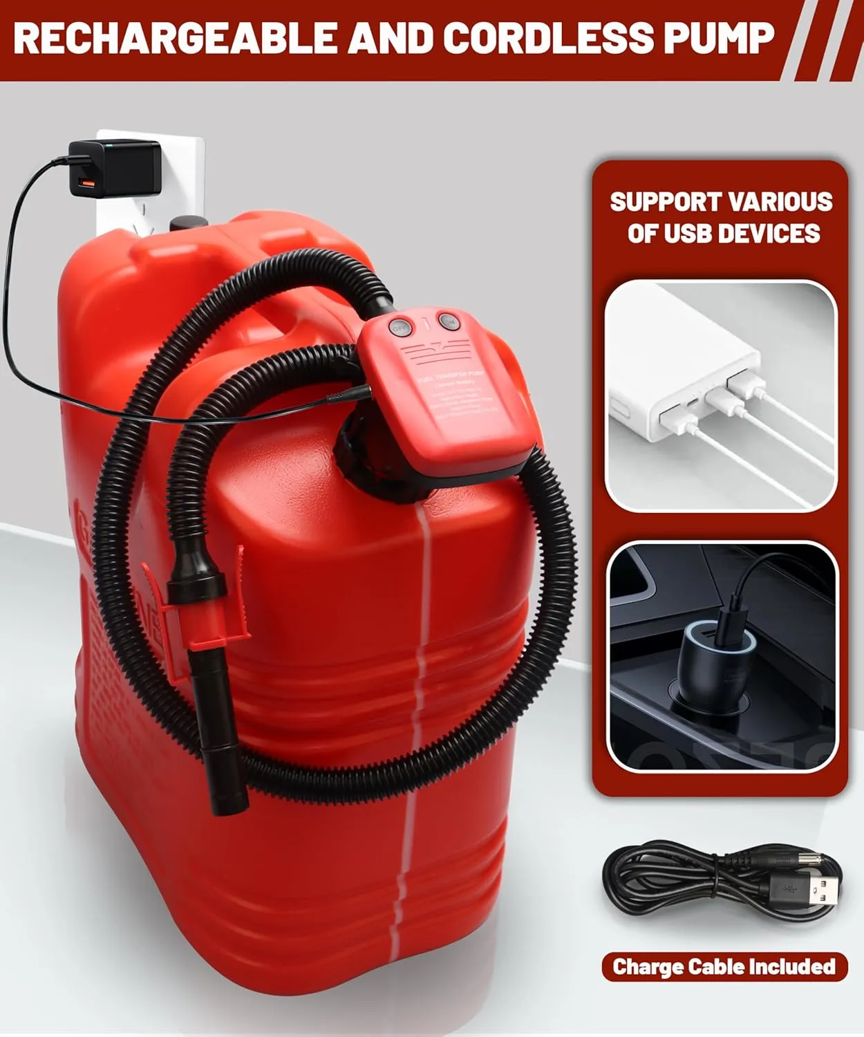 Rechargeable Fuel Transfer Pump - Electric Gas Pump For Gas Can - Auto Stop Gas Transfer Pump
