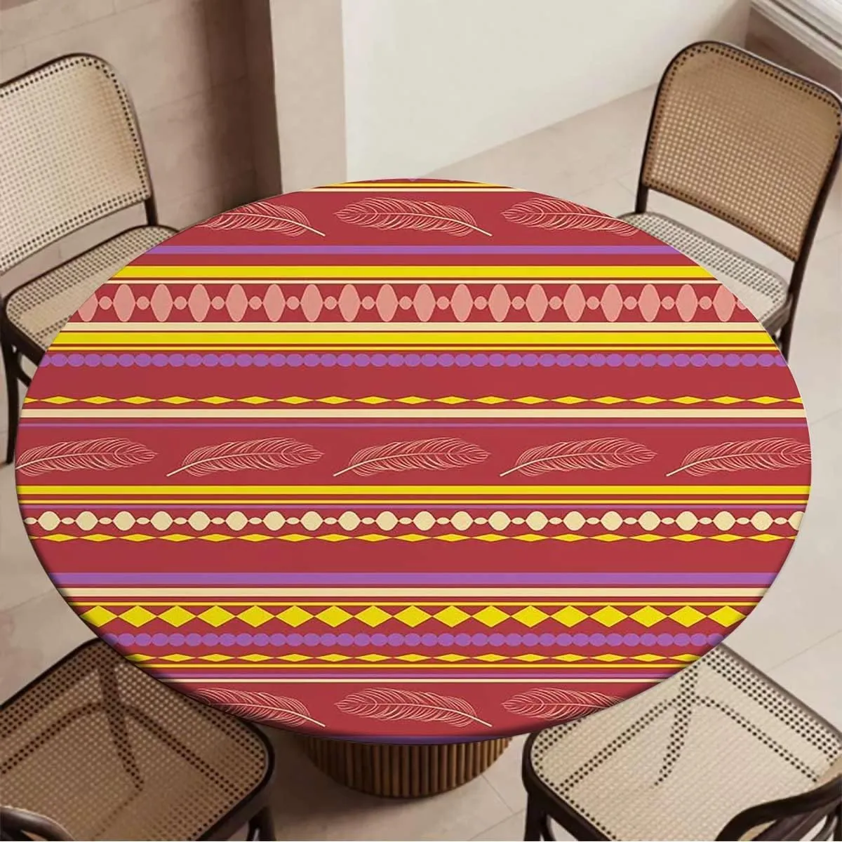 Red Purple Round Fitted Tablecloth with Elastic Edge Mexican Vibrant Colored Striped Soft-Touch Fitted Table Cloth, Waterproof Oil-Proof Table Cover Fit for 44"-47" Diameter Table Medieval