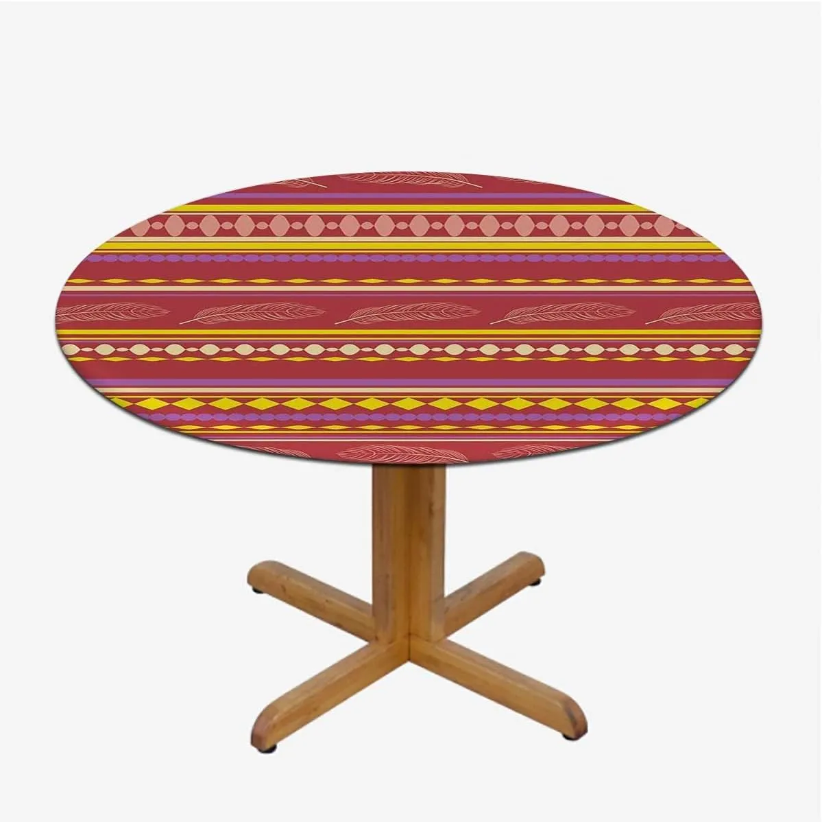 Red Purple Round Fitted Tablecloth with Elastic Edge Mexican Vibrant Colored Striped Soft-Touch Fitted Table Cloth, Waterproof Oil-Proof Table Cover Fit for 44"-47" Diameter Table Medieval