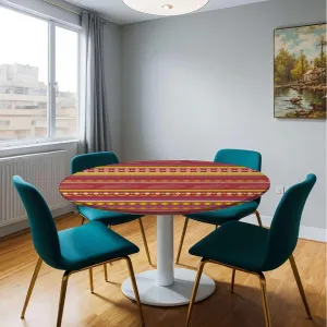 Red Purple Round Fitted Tablecloth with Elastic Edge Mexican Vibrant Colored Striped Soft-Touch Fitted Table Cloth, Waterproof Oil-Proof Table Cover Fit for 44"-47" Diameter Table Medieval