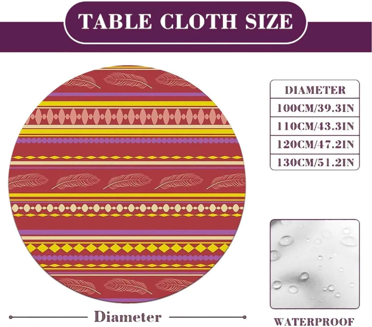 Red Purple Round Fitted Tablecloth with Elastic Edge Mexican Vibrant Colored Striped Soft-Touch Fitted Table Cloth, Waterproof Oil-Proof Table Cover Fit for 44"-47" Diameter Table Medieval