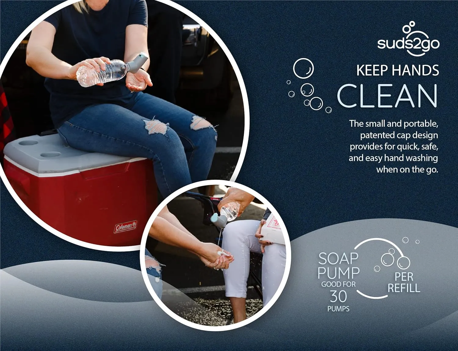 Refillable Caps, 2 Pack - Universal Fit Turns Most Disposable Water Bottles Into A Hand Washing Station