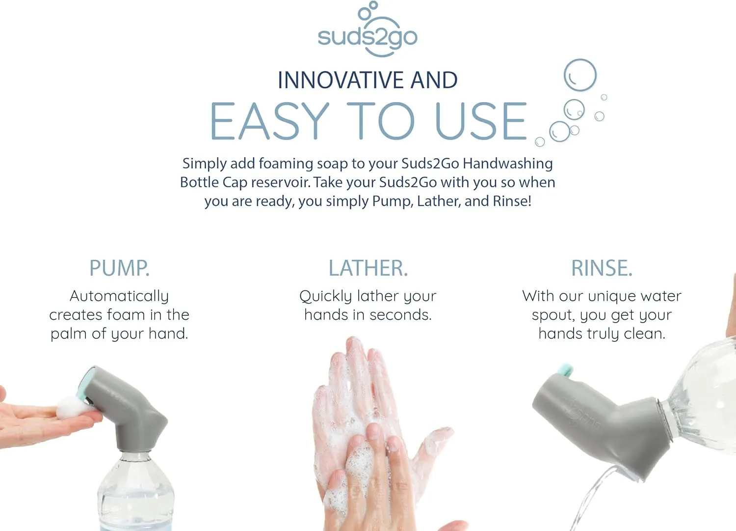 Refillable Caps, 2 Pack - Universal Fit Turns Most Disposable Water Bottles Into A Hand Washing Station