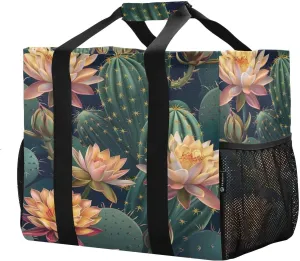 Reusable Grocery Bags with Reinforced Handles & Side Pockets, Succulent Lotus Waterproof Beach Tote Bag Large Foldable Handbags for Shopping, Travel, Gym