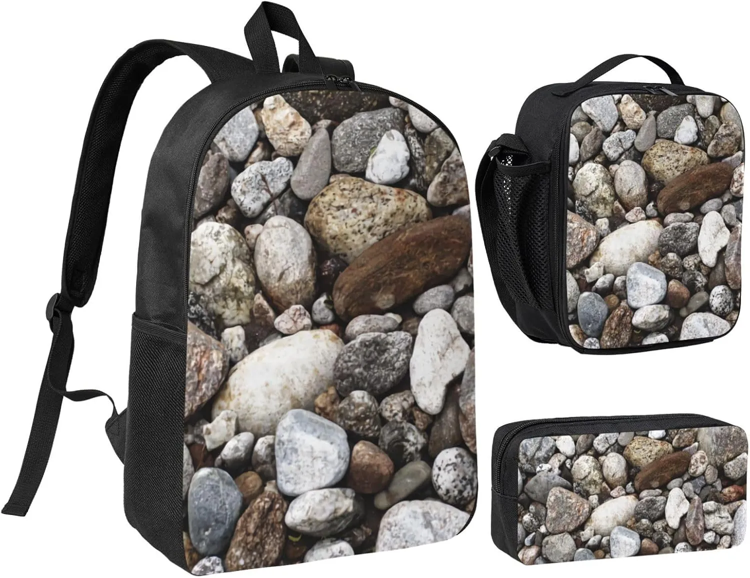 River Rocks Cobblestones Backpack Combo (Backbag  Lunch Bag   Pen Bag) – Waterproof Oxford, Adjustable Straps, Minimalist Unisex Design