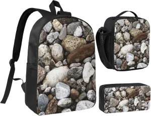 River Rocks Cobblestones Backpack Combo (Backbag  Lunch Bag   Pen Bag) – Waterproof Oxford, Adjustable Straps, Minimalist Unisex Design
