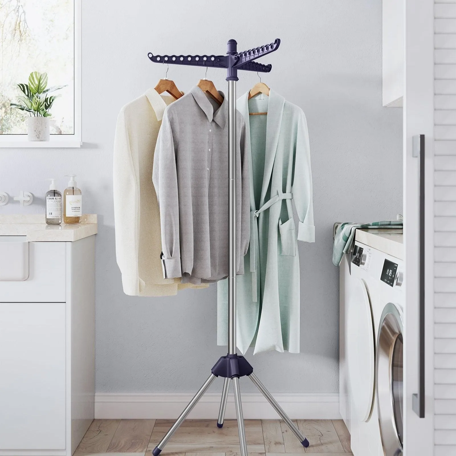Rootz Portable Blue-Silver Washing Rack - Stainless Steel Stand - Plastic Foldable Stand - Lightweight - Compact - Easy Assembly - 65cm x 65cm x 150cm (Unfolded) - 5.5cm x 5.5cm x 182.5cm (Folded)