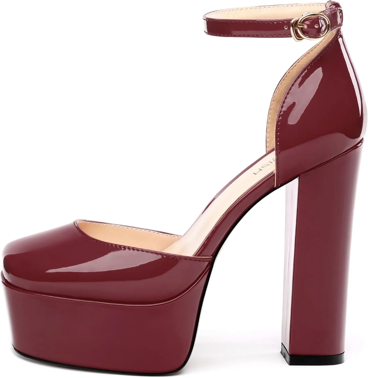 ROSERWISH Womens Platform High Chunky Heels Closed Square Toe Block Ankle Strap Patent Party Wedding Pumps 5 Inch Sexy Dress Shoes
