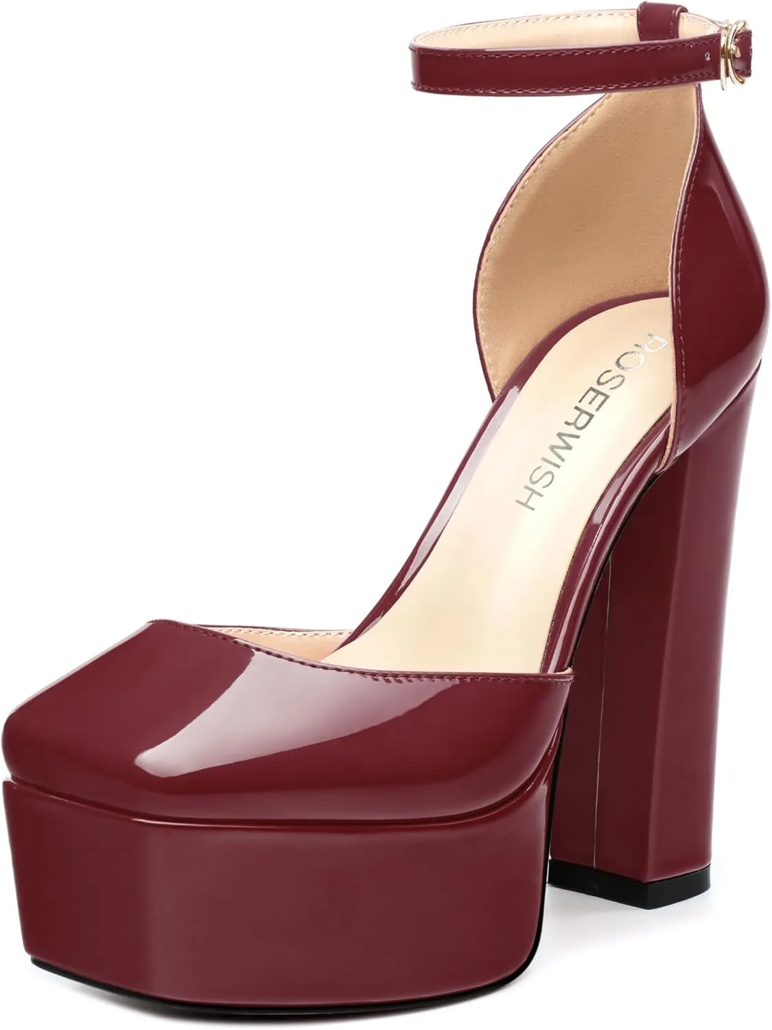 ROSERWISH Womens Platform High Chunky Heels Closed Square Toe Block Ankle Strap Patent Party Wedding Pumps 5 Inch Sexy Dress Shoes