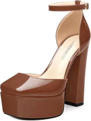 ROSERWISH Womens Platform High Chunky Heels Closed Square Toe Block Ankle Strap Patent Party Wedding Pumps 5 Inch Sexy Dress Shoes