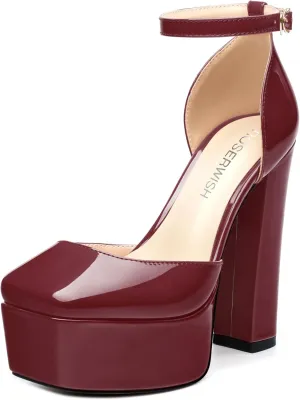 ROSERWISH Womens Platform High Chunky Heels Closed Square Toe Block Ankle Strap Patent Party Wedding Pumps 5 Inch Sexy Dress Shoes