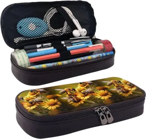 Rural Honey Bees flowers print Leather Flap Cosmetic Bag, Toiletry Organizer, Zipper Coin Purse, Cosmetic Case