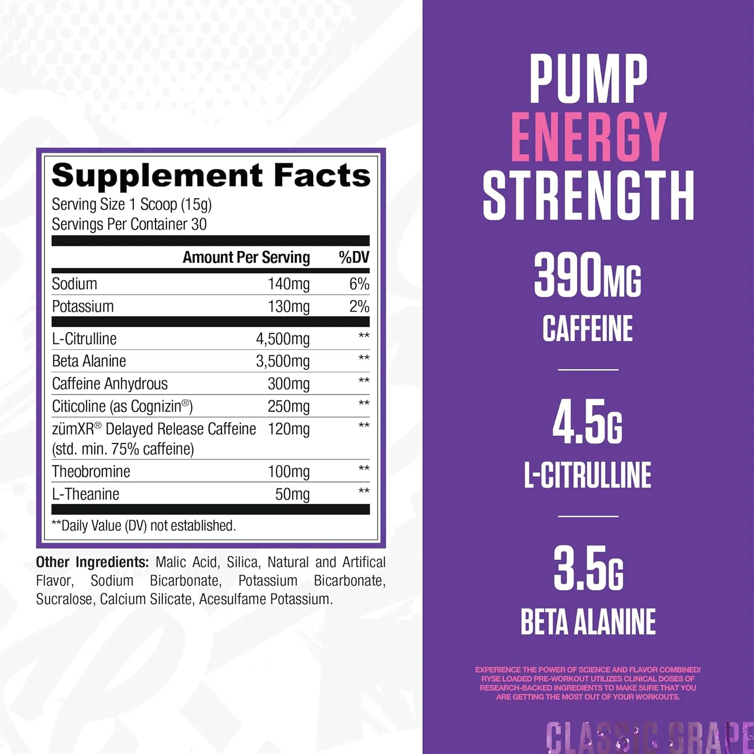 RYSE Loaded Pre Workout Powder - Bazooka Grape - Daily Pre-Workout for Men & Women with 390mg Caffeine, Beta Alanine, and Citrulline for Pump, Focus, and Energy - 30 Servings