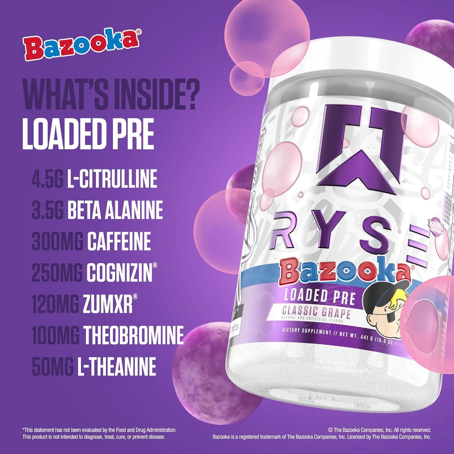 RYSE Loaded Pre Workout Powder - Bazooka Grape - Daily Pre-Workout for Men & Women with 390mg Caffeine, Beta Alanine, and Citrulline for Pump, Focus, and Energy - 30 Servings