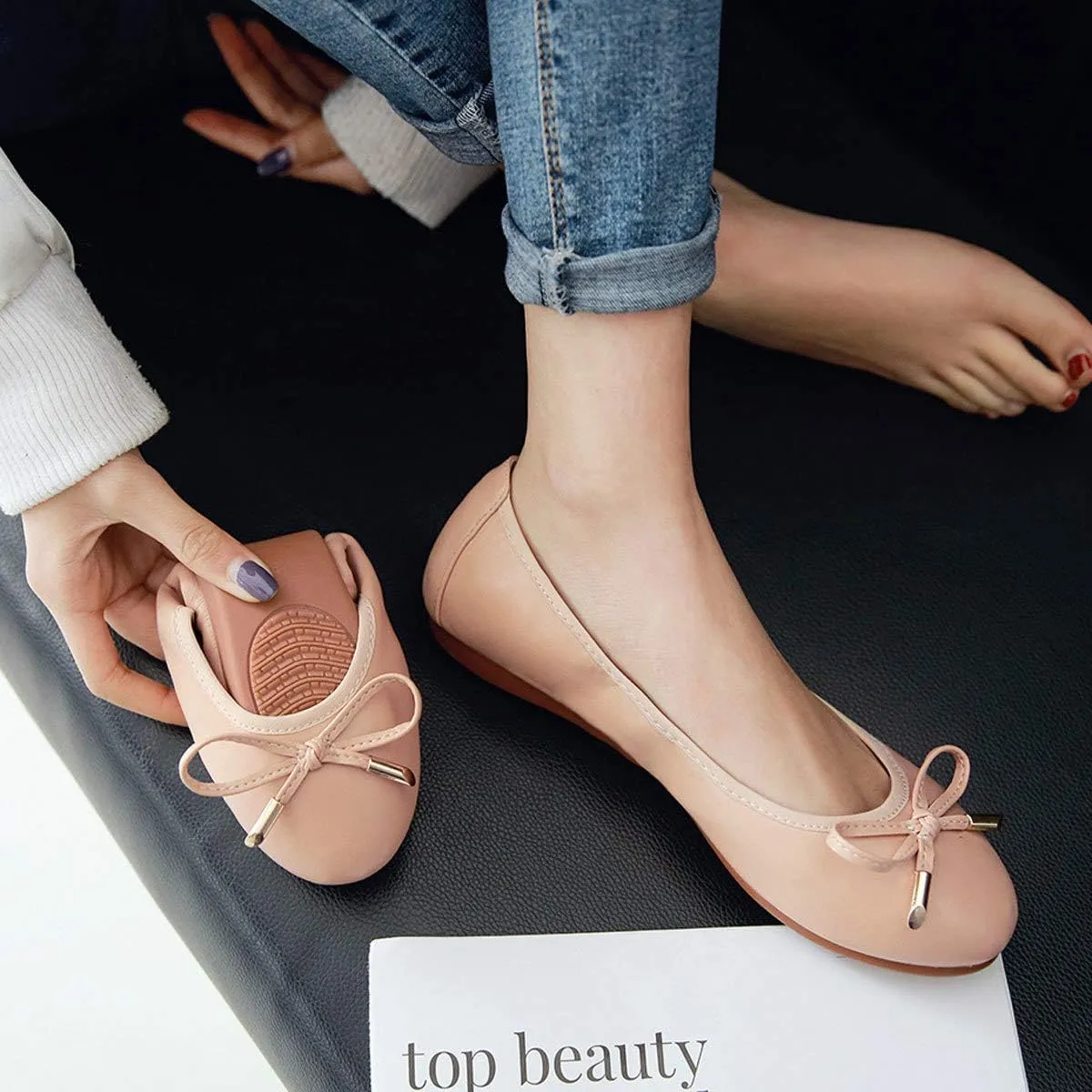 SAILING LU Women's Foldable Flat Shoes Portable Travel Ballet Flats Roll Up Slipper Shoes