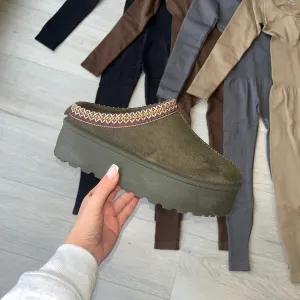 SALE Tas fleece lined platform slipper mule - khaki
