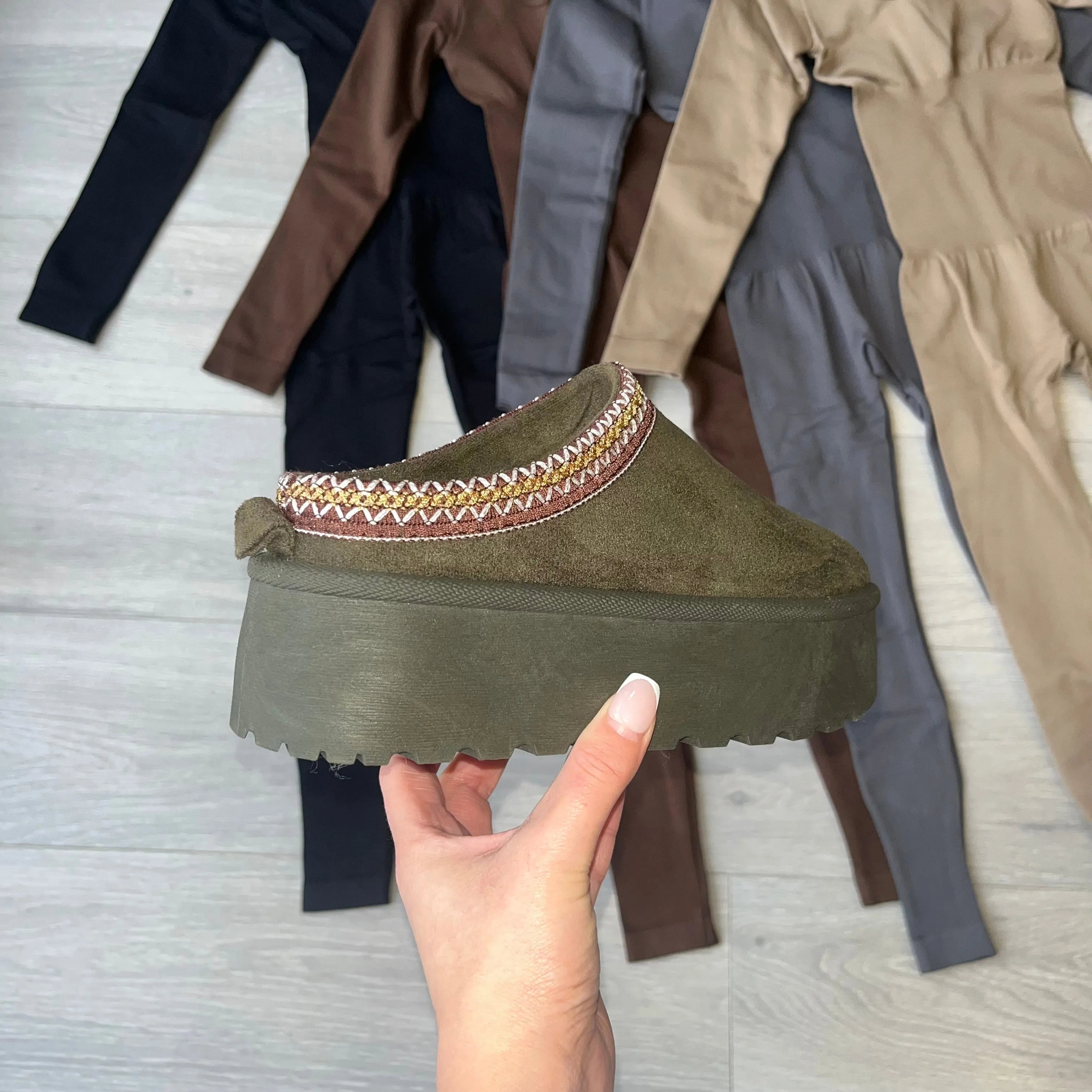 SALE Tas fleece lined platform slipper mule - khaki