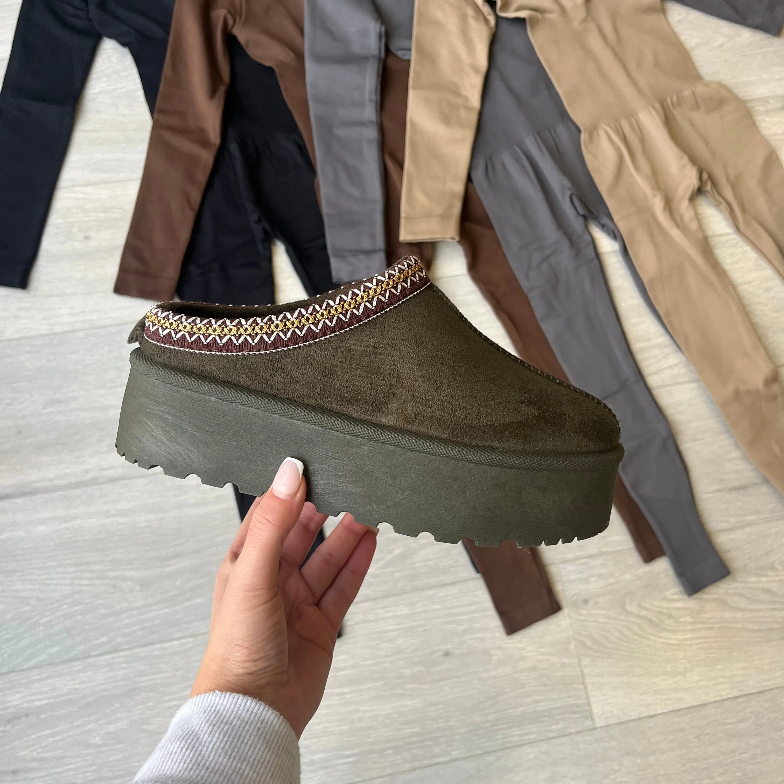 SALE Tas fleece lined platform slipper mule - khaki