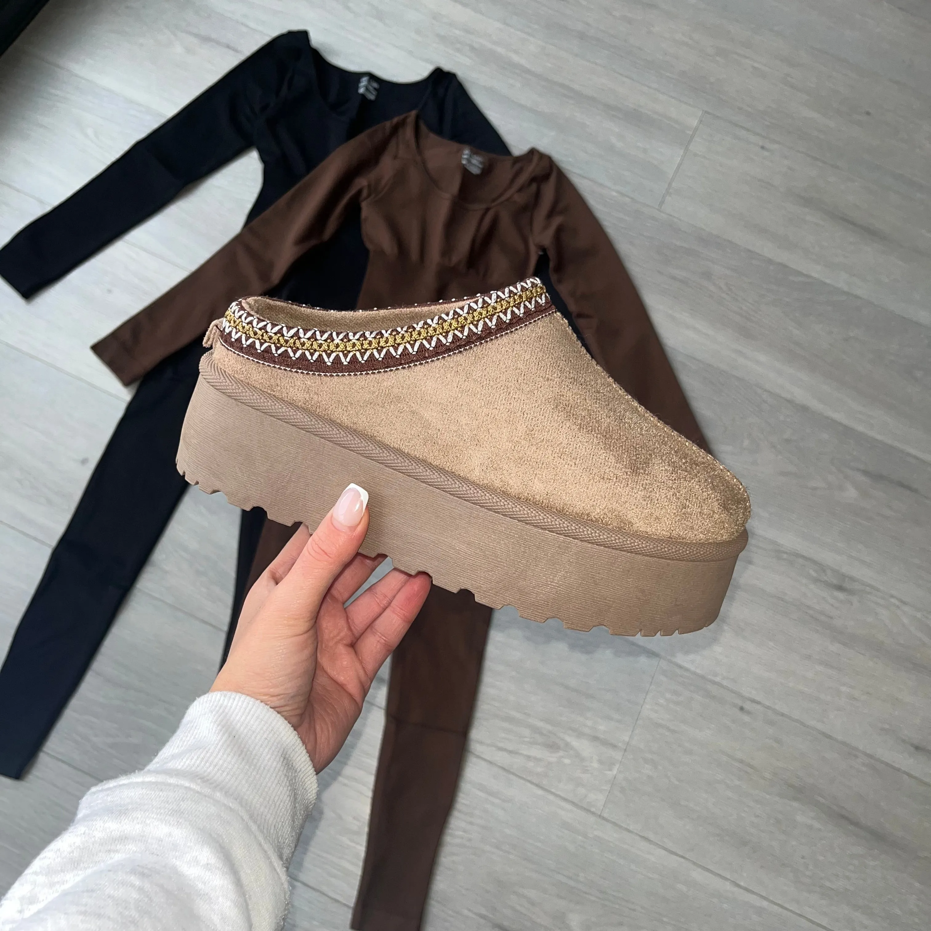 SALE Tas fleece lined platform slipper mule - taupe