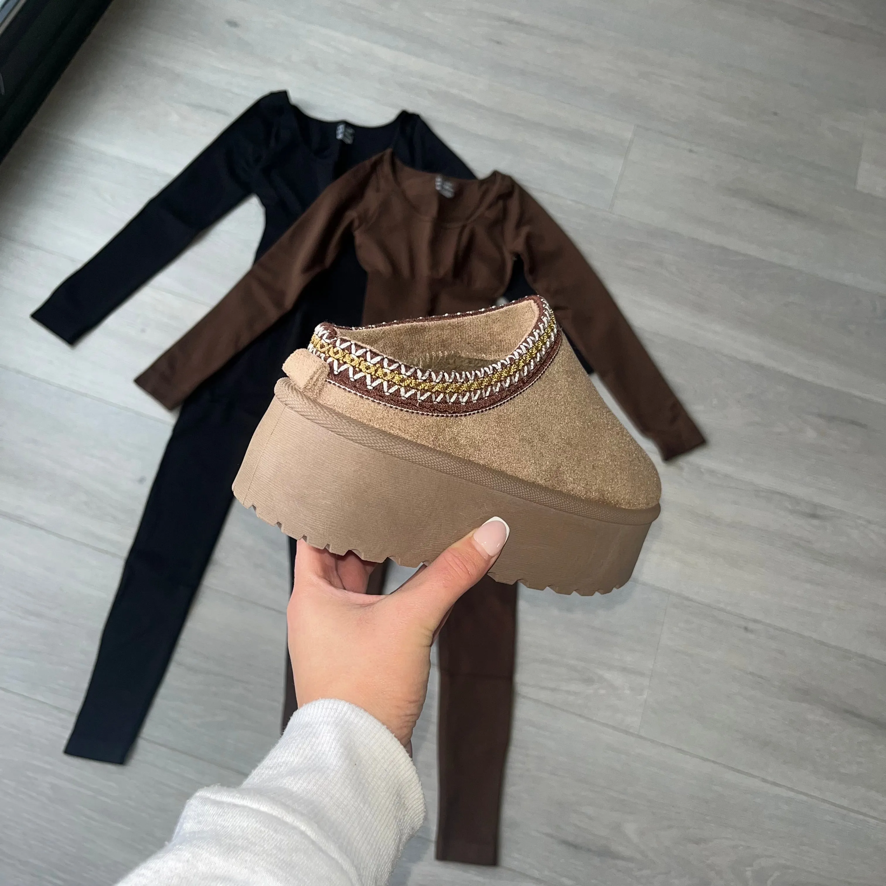 SALE Tas fleece lined platform slipper mule - taupe