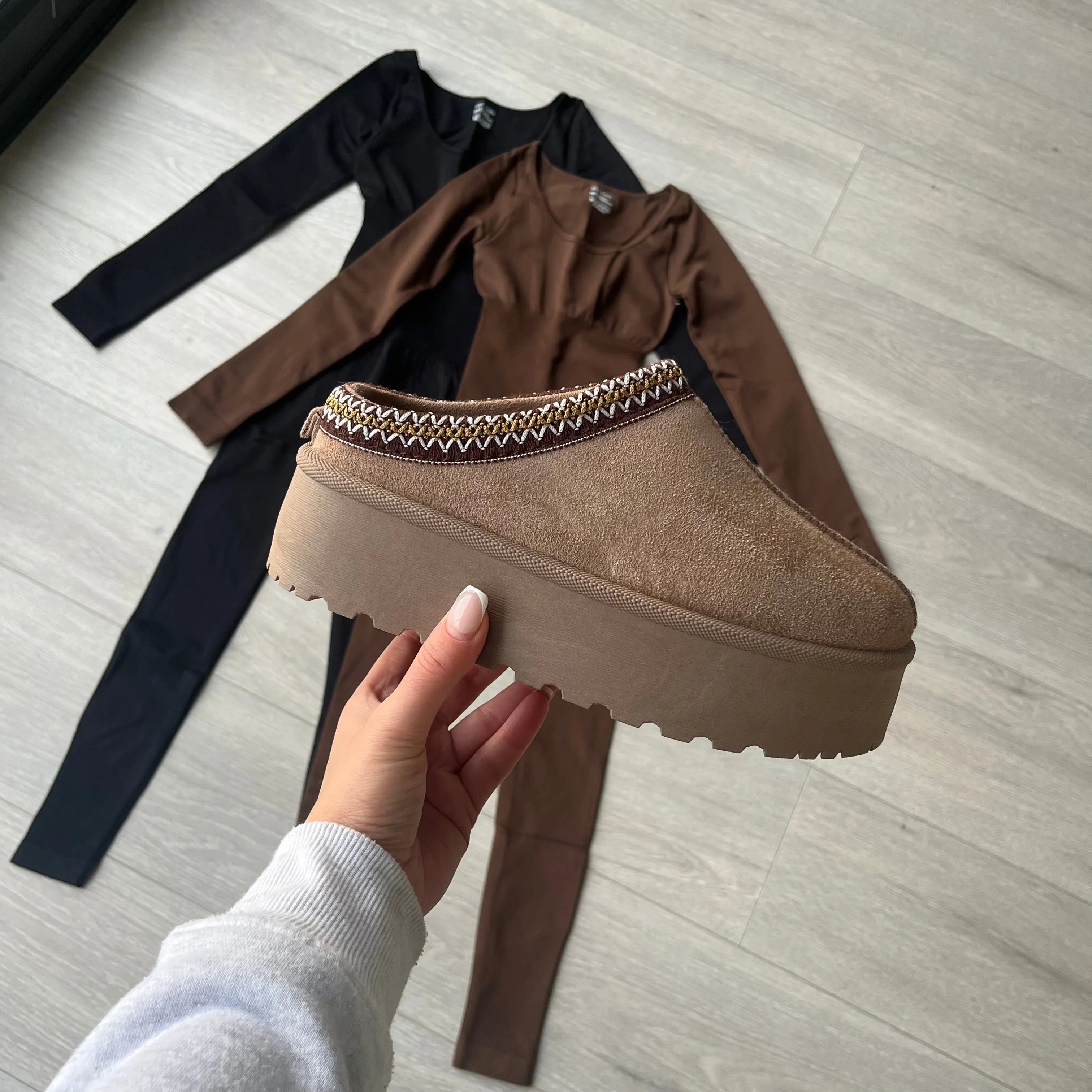 SALE Tas fleece lined platform slipper mule - taupe