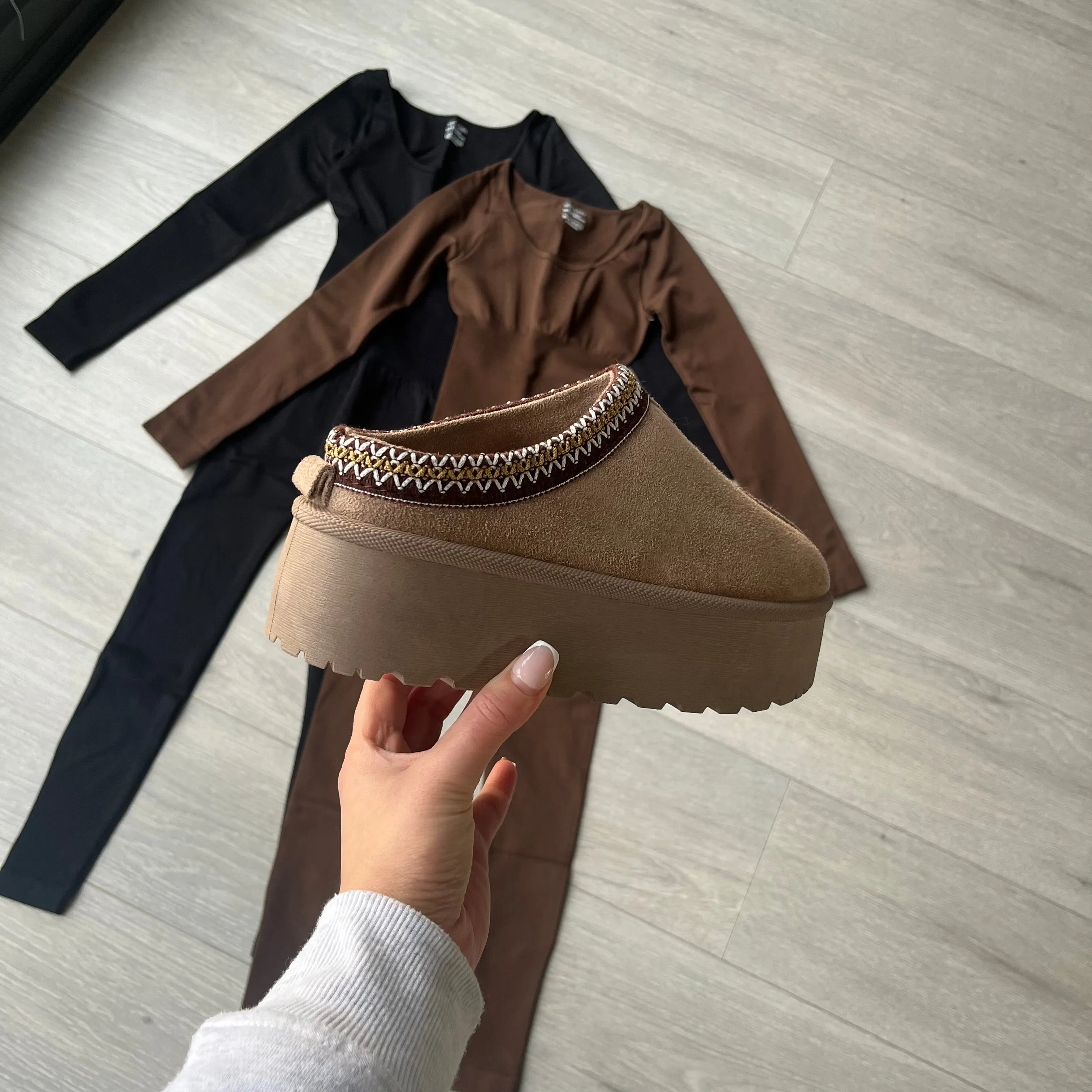 SALE Tas fleece lined platform slipper mule - taupe