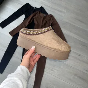 SALE Tas fleece lined platform slipper mule - taupe