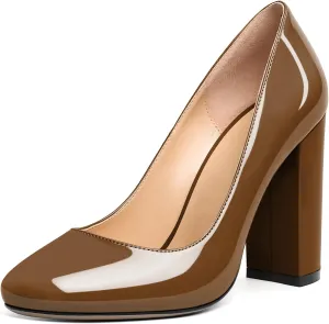 SAMMITOP Women's Round Toe Block Heel Pumps Slip On Chunky Patent High Heels Classic Wedding Dress Shoes for Party Events 4 Inches