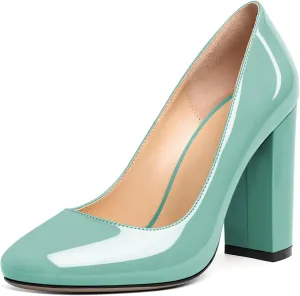 SAMMITOP Women's Round Toe Block Heel Pumps Slip On Chunky Patent High Heels Classic Wedding Dress Shoes for Party Events 4 Inches