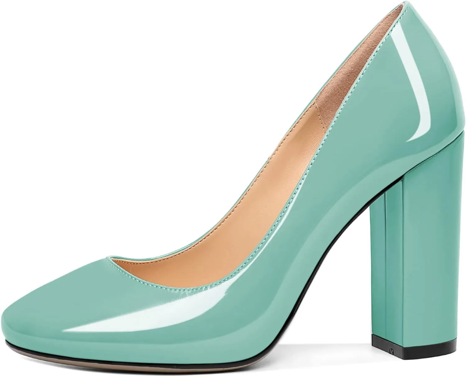 SAMMITOP Women's Round Toe Block Heel Pumps Slip On Chunky Patent High Heels Classic Wedding Dress Shoes for Party Events 4 Inches