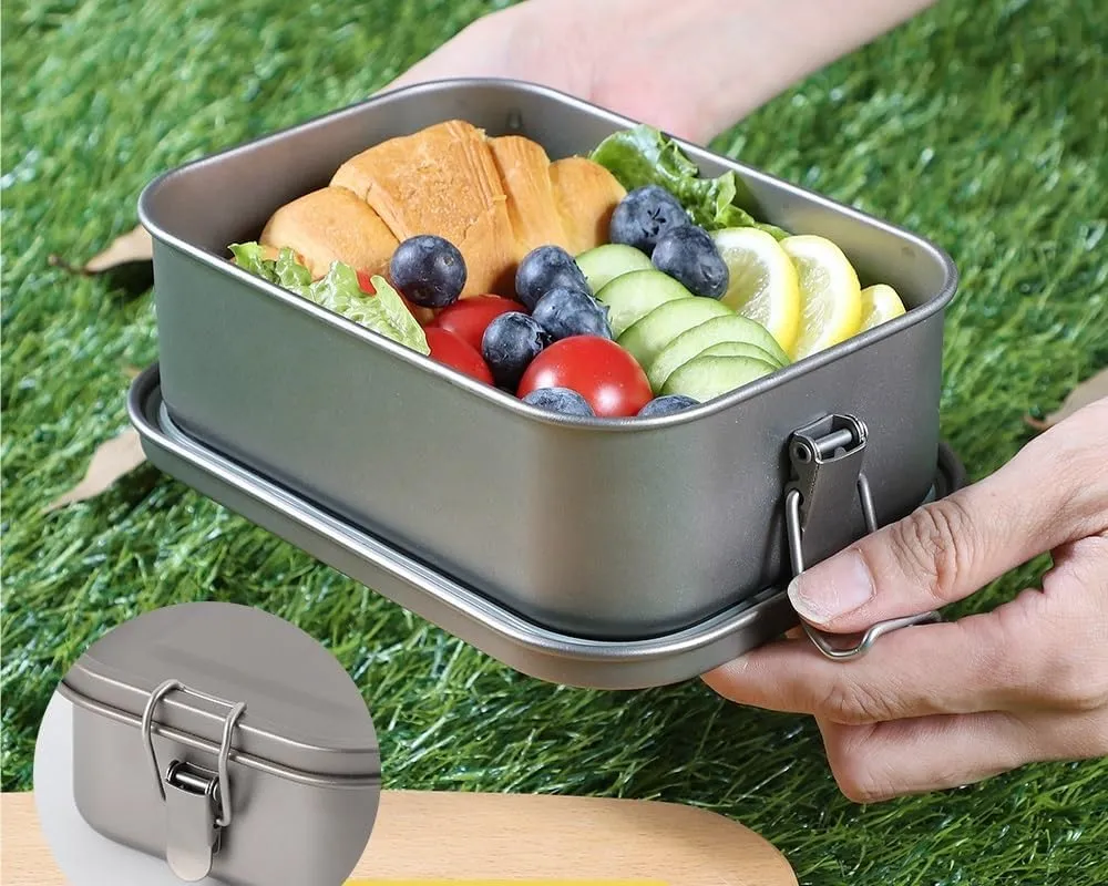 Sealed Lunch Box 1200ml, Pure Titanium Square Bento Box With Foldable Handle Suitable For Outdoor Or Home Use(With handle)