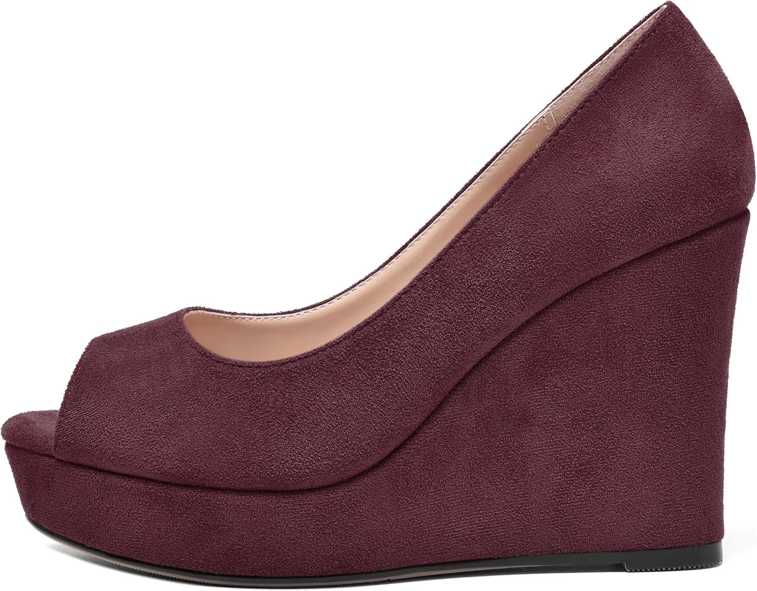 SHOWFOREST Womens Slip On Suede Dating Solid Peep Toe Sexy Wedge High Heel Pumps Shoes 4 Inch