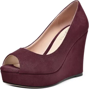 SHOWFOREST Womens Slip On Suede Dating Solid Peep Toe Sexy Wedge High Heel Pumps Shoes 4 Inch